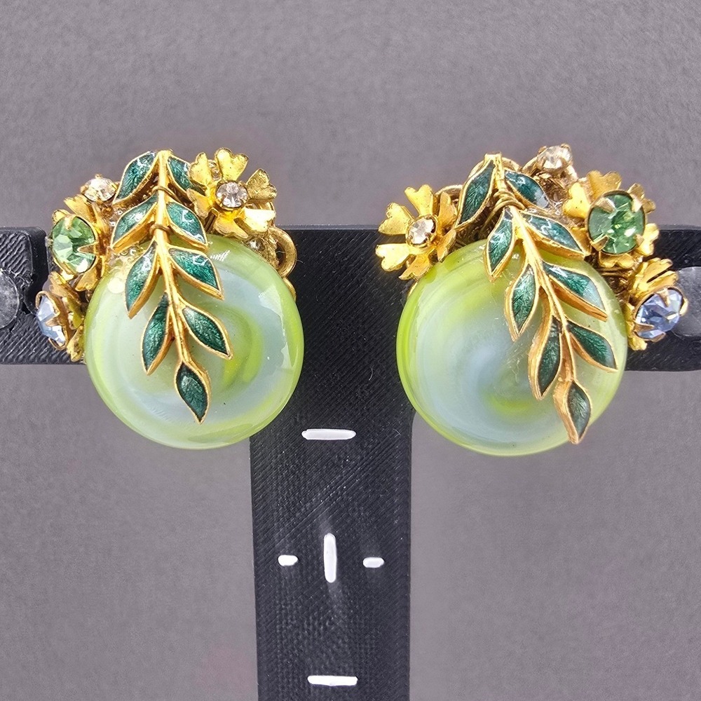 Vintage Amourelle Earrings Green Frank Hess Floral Enamel Rhinestone Clip On 1in